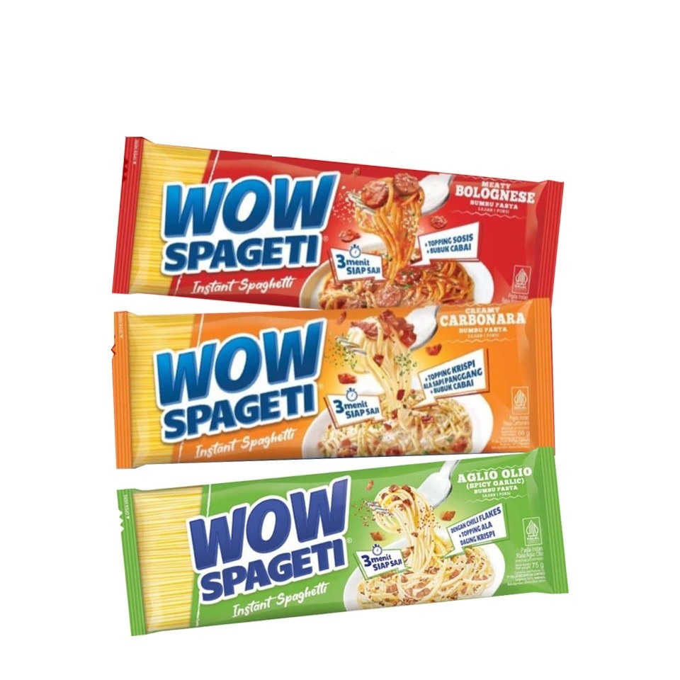 

WOW SPAGETI instant spaghetti AGLIO OLIO BOLOGNESE CARBONARA