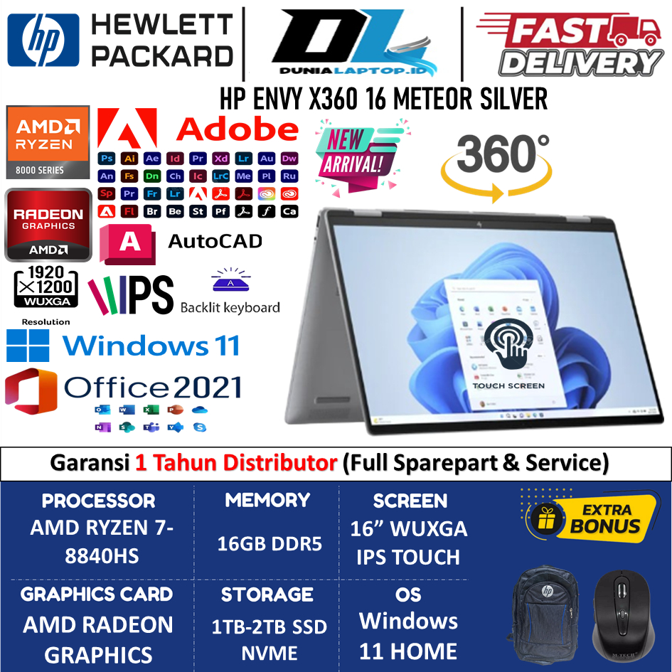 Laptop HP ENVY X360 16 AMD RYZEN 7 8840HS 16GB DDR5 2TB SSD WUXGA IPS TOUCHSREN Win11