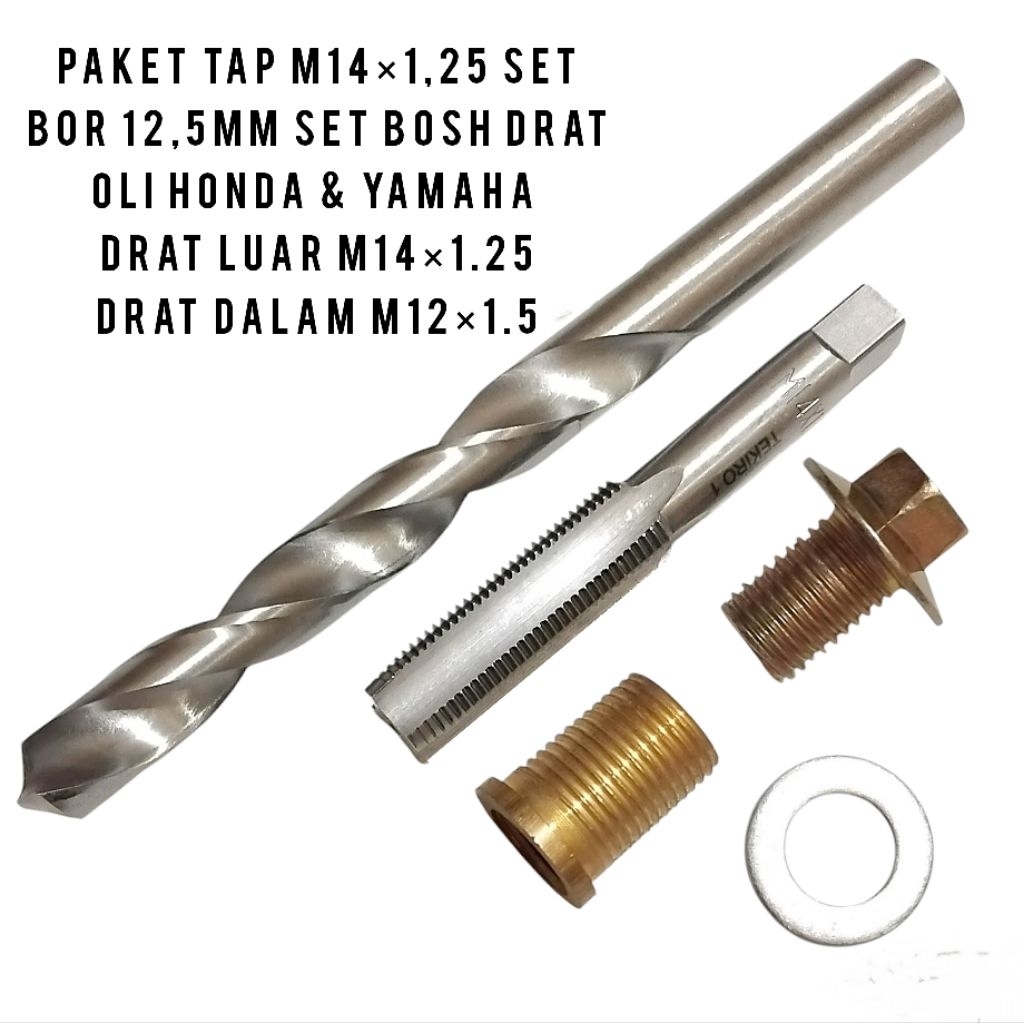 Paket Komplit Bor 12.5mm Tap M14×1.25 Set Bosh Drat Oli Baut 17 Alat Perbaikan Drat Oli Slek Pertama