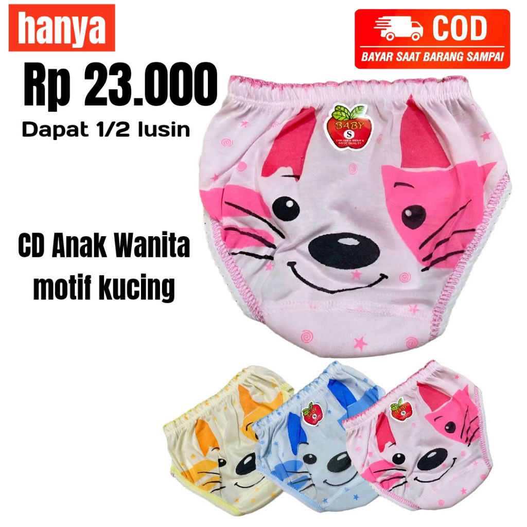 Dapat 1/2 lusin. Celana Dalam Anak Wanita motif kucing. CD Anak bonbon