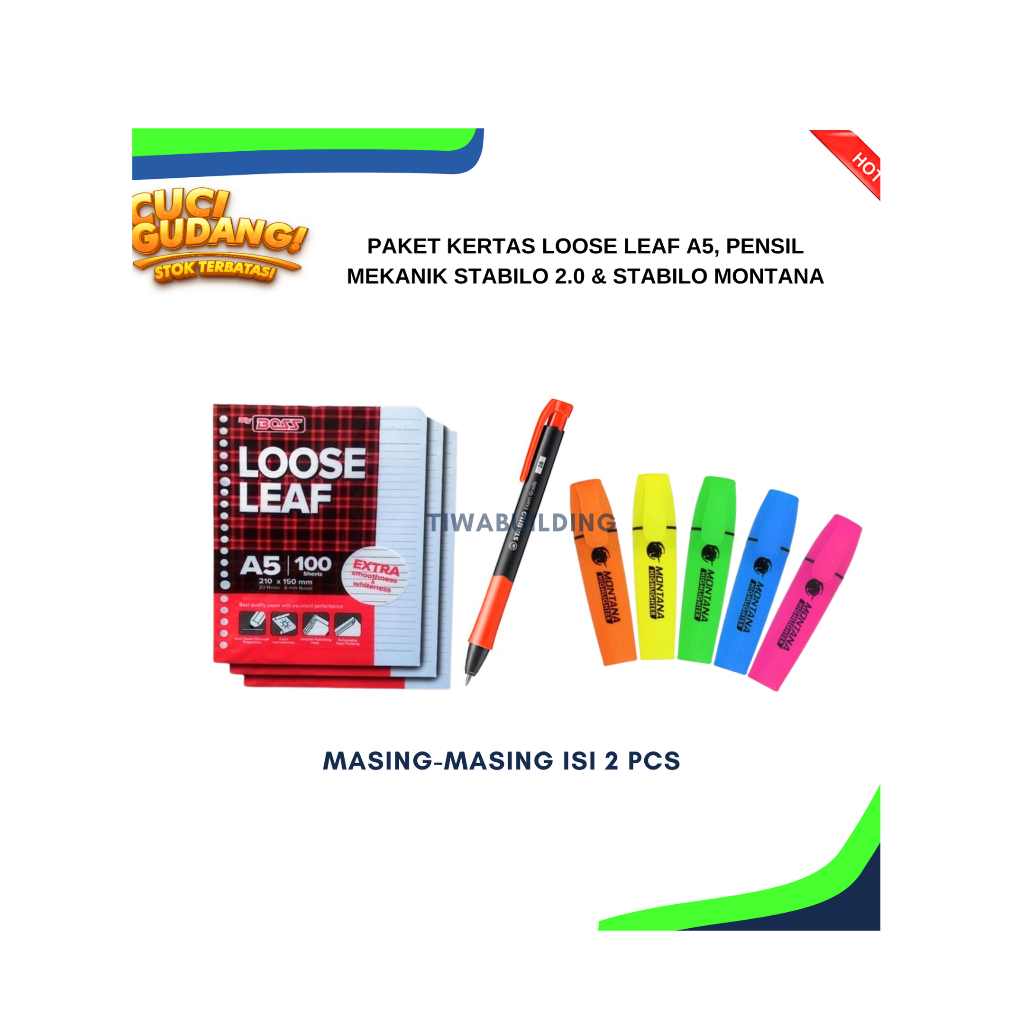 

PAKET LENGKAP KERTAS LOOSE LEAF PAPERLINE A5 50 + PENSIL MEKANIK STABILO 2.0 + STABILO MONTANA WARNA RANDOM. MASING-MASING ISI 2 PCS