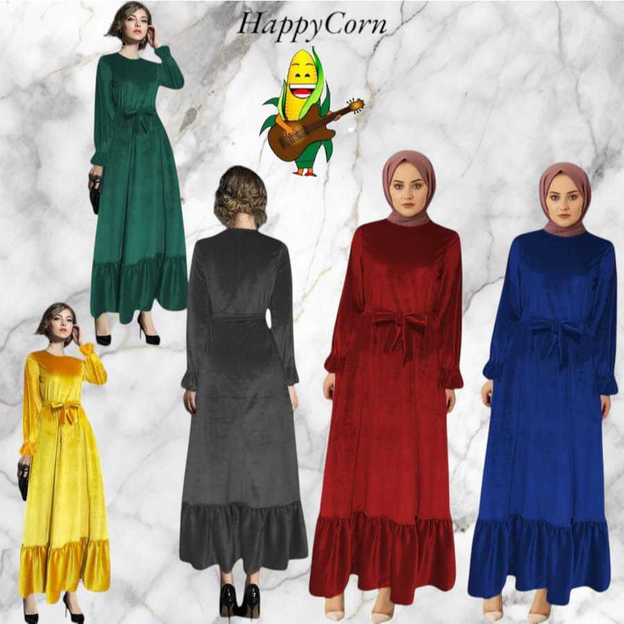 (Happyline) HR0031 Fashion muslim Maxi Dress Bludru Stretch + Tali Pinggang / Gamis Bludru / Gamis V