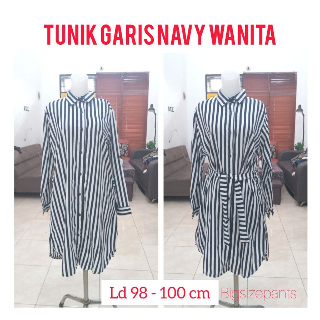 KEMEJA PANJANG CEWEK GARIS NAVY / ATASAN PANJANG  LIRIS BIRU