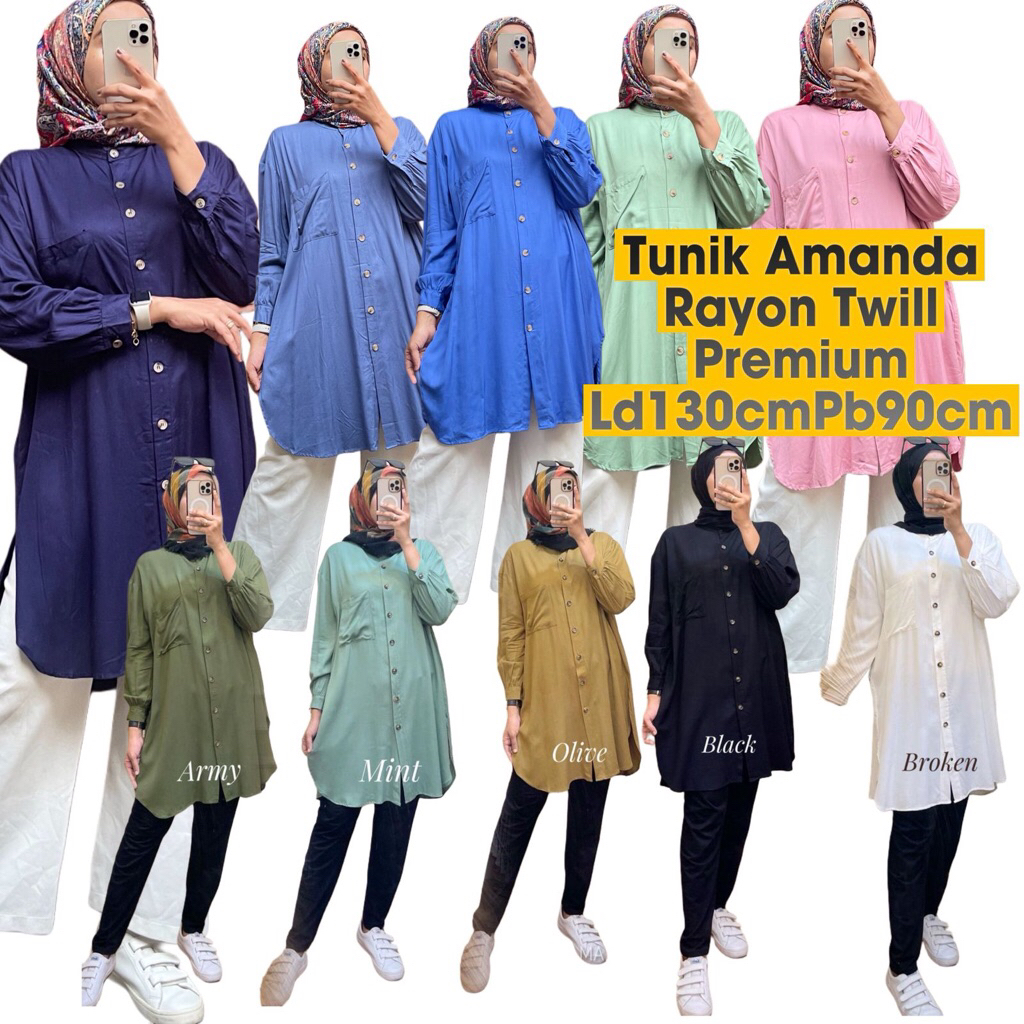 Tunik Amanda Rayon Twill Premium Hitam Putih Navy Electric Blue Denim Sage Dusty Army Mint Olive Tun