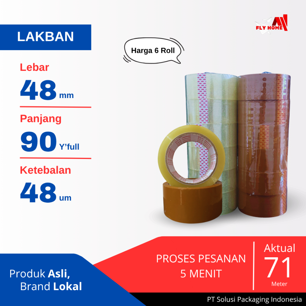 

FLYHOME Lakban bening coklat 48x90yard 6roll ukuran FULL 71M