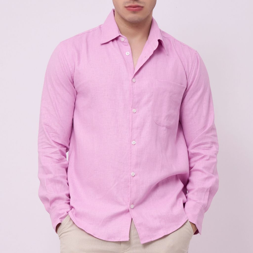 BIRULAUT Kemeja Linen Pria Basic Casual Lengan Panjang Warna Merah Muda - Pink Roman Linen Shirt