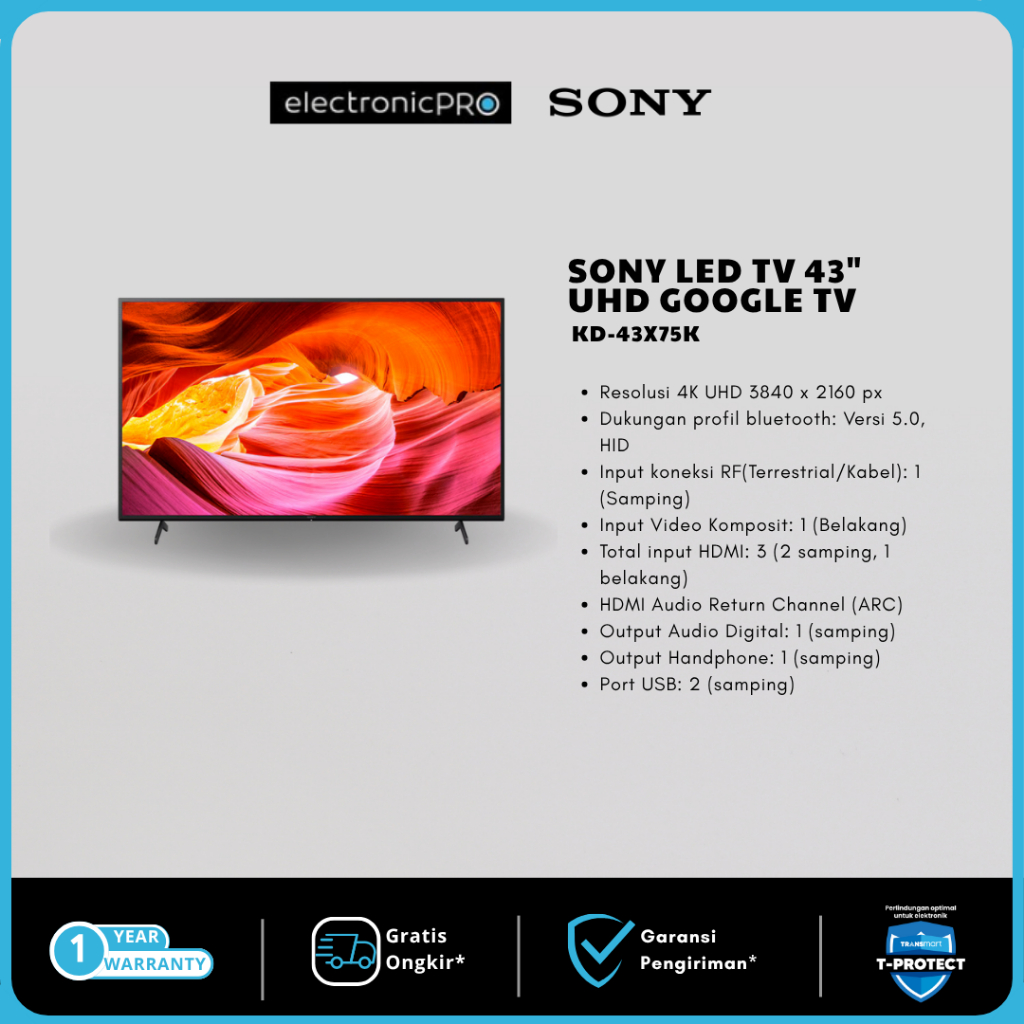 SONY LED TV 43" KD-43X75K UHD GOOGLE TV
