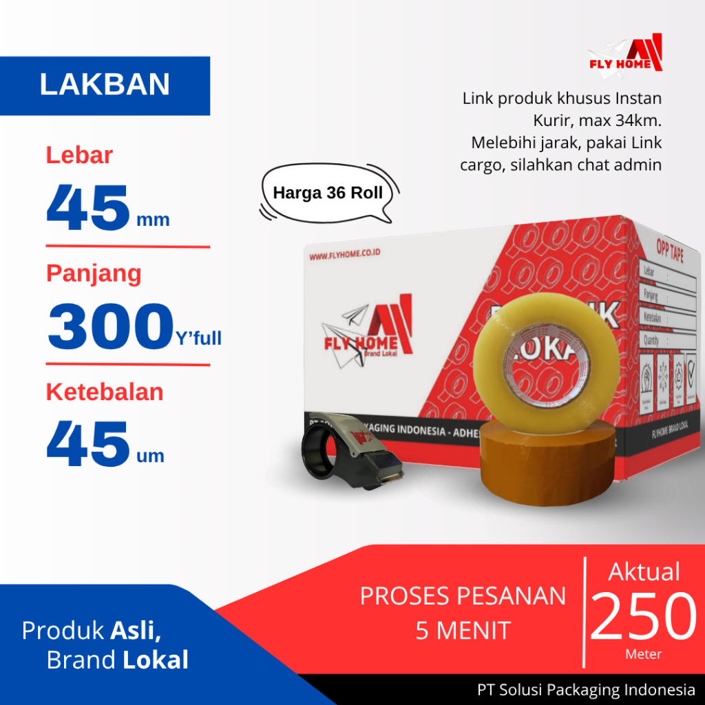 

FLYHOME Lakban bening coklat 45x300yard 36roll 1dus ukuran FULL INSTAN