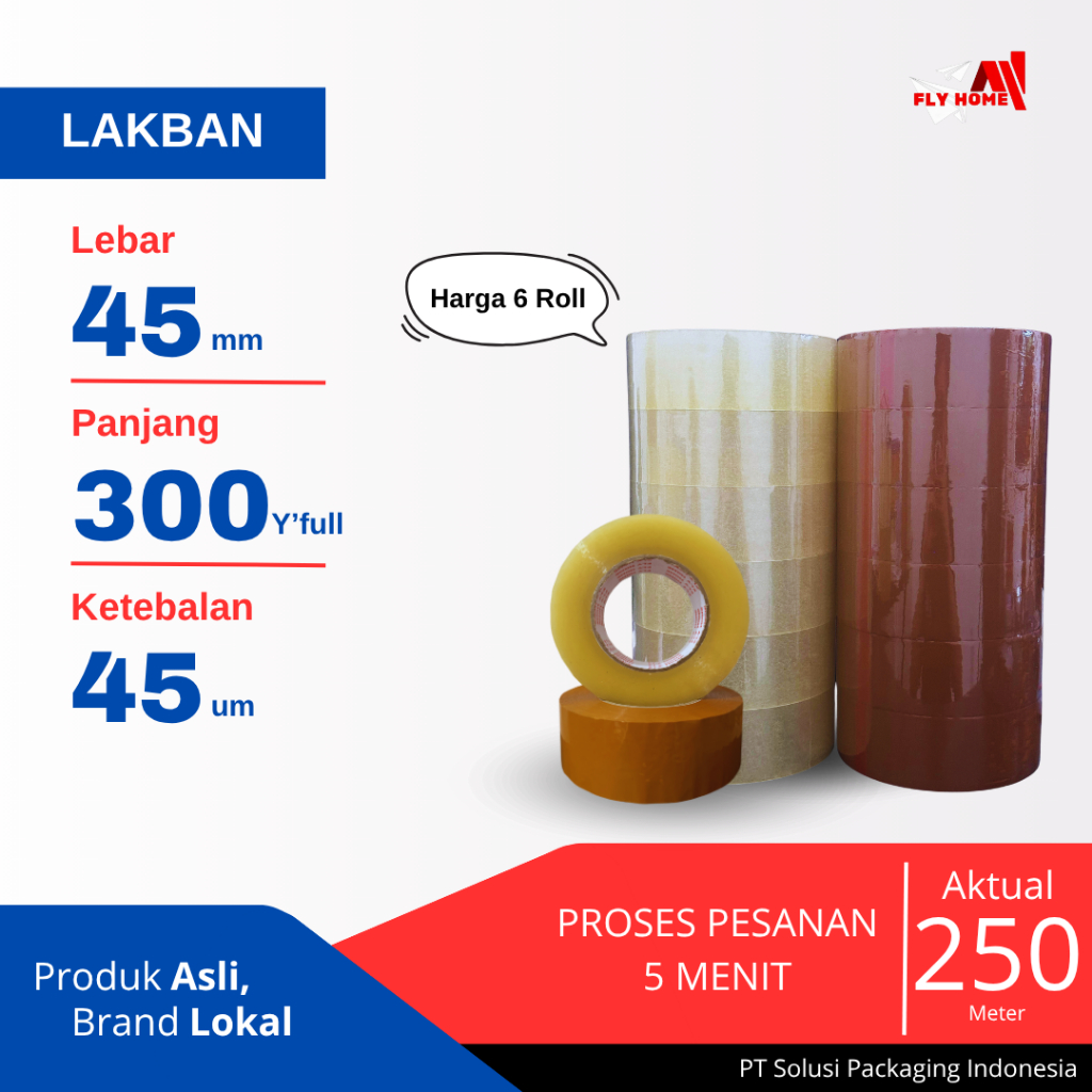 

FLYHOME Lakban bening coklat 45x300yard 6roll 2inchi ukuran FULL
