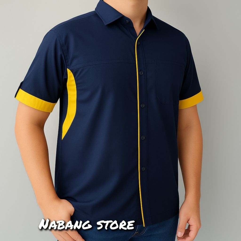 DV Kemeja Seragam Kerja Pria Pendek Navy Kuning Merk Denver - Bahan Drill - Tebal, Nyaman