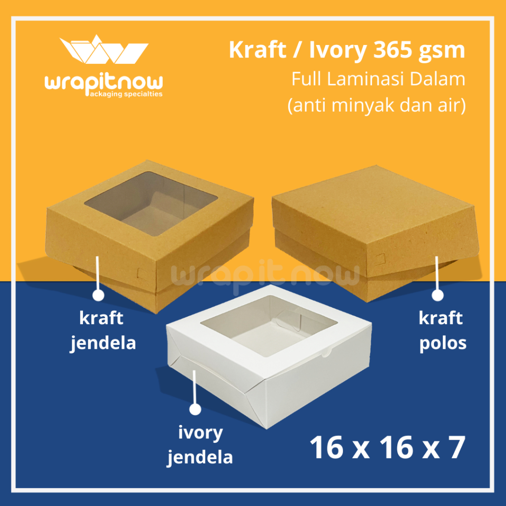 

Dus Kraft Laminasi 16x16x7 Jendela dan Polos // dus roti dus snack dus cookies dus nasi dus murah