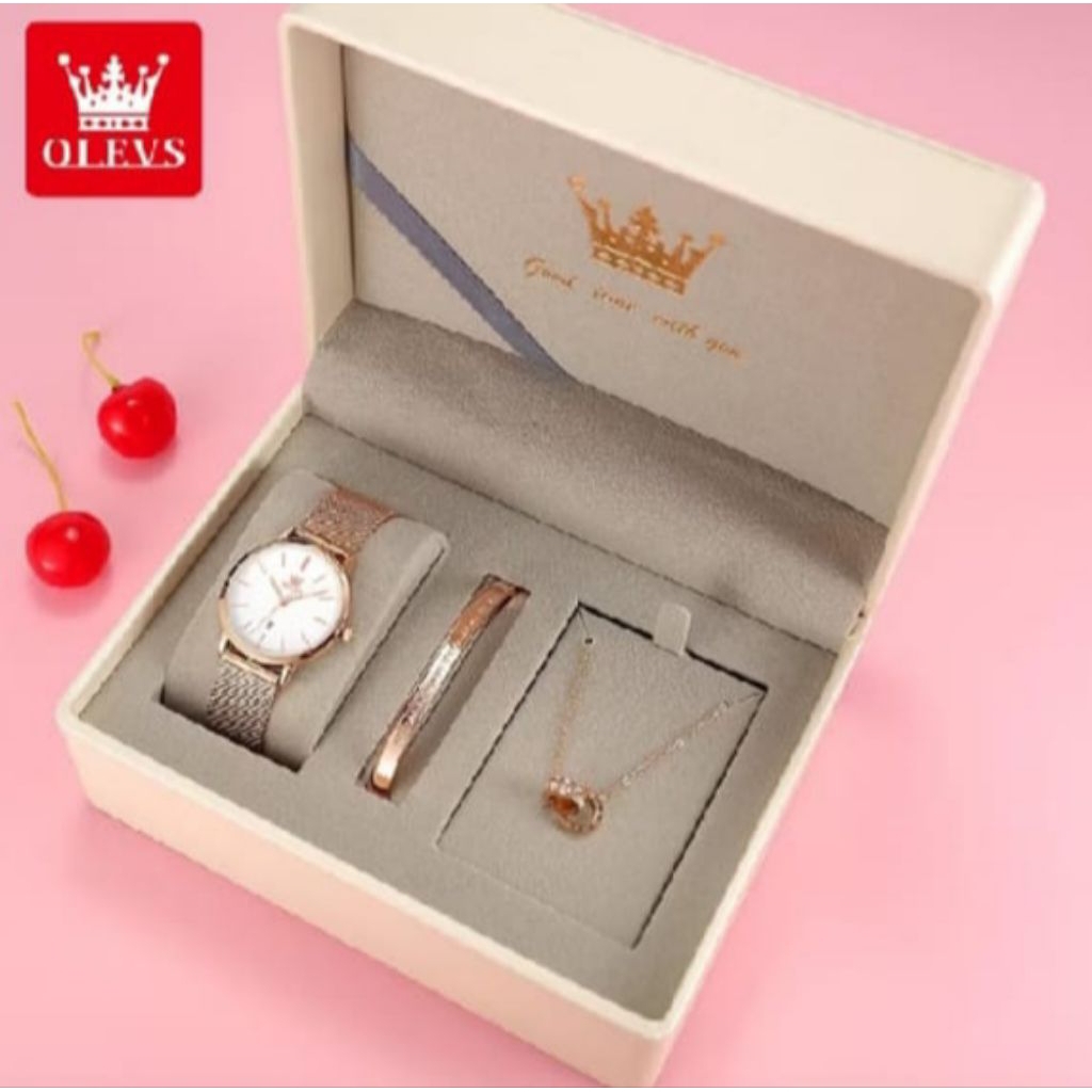 OLEVS jam tangan wanita anti air original anti karat mewah sett kalung gelang