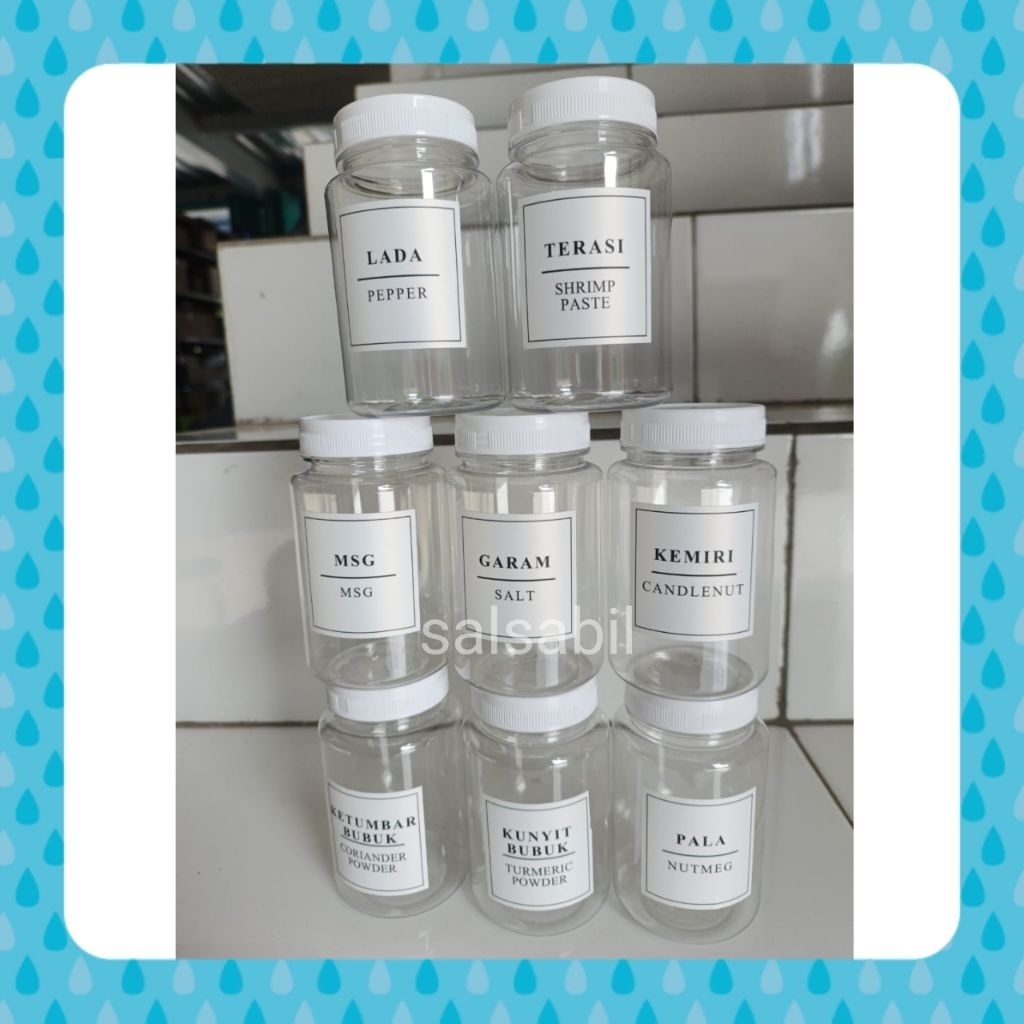 kemasan bumbu isi 8 toples dengan label kekinian / toples kecil bumbu dapur