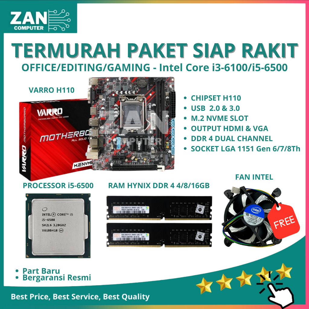 Paket Motherboard H110 Varro Socket 1151 DDR4 NVME Support i3 6100 i5 6500 i3 8100 Mobo H110