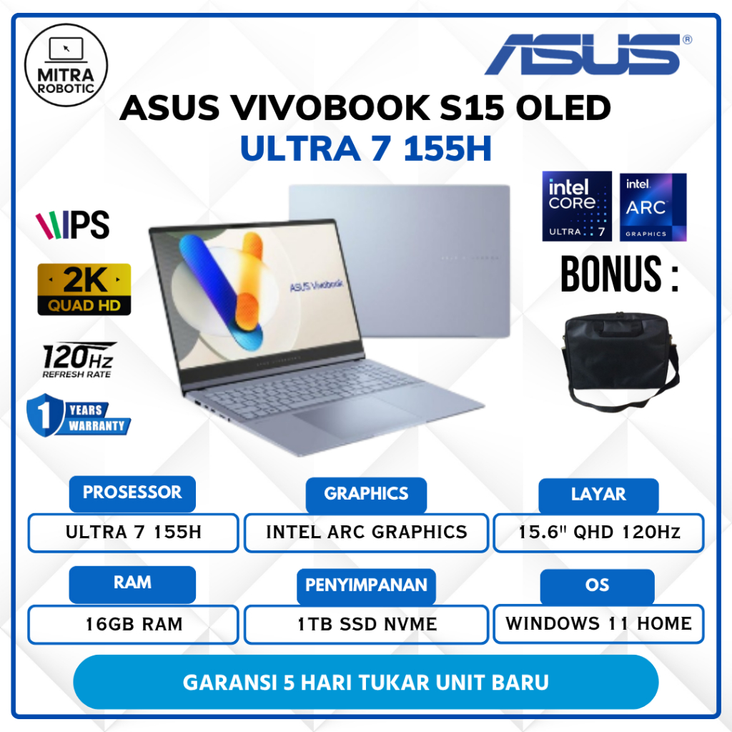 Laptop ASUS Vivobook S15 OLED Intel Ultra 7 155H 16GB 1TB W11 15.6QHD IPS 120Hz