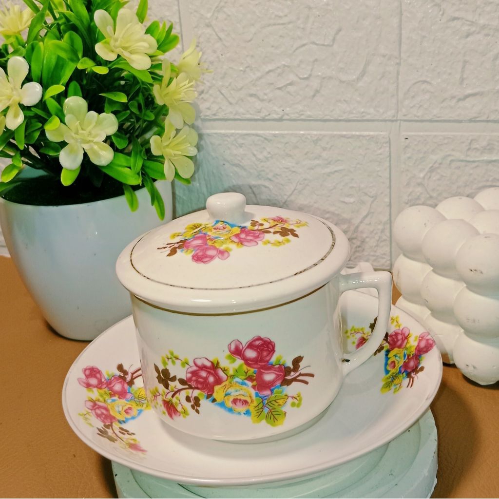 (COD)cangkir kopi kramik motif bunga.cangkir kopi kramik jadul/lawas.cangkir keramik lepek+tutup