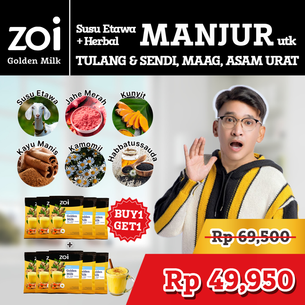

BELI Paket 5 SACHET Dapat 10 SACHET RUBEN x ZOI Golden Milk. Susu Herbal Susu Sehat Susu Kambing, Jahe dan Kunyit
