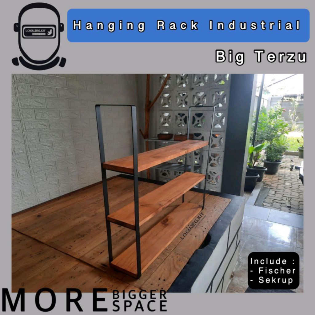 BIG TERZU / Rak Dinding Besar Premium 3 Ambalan Kayu Besi Dekorasi Industrial / Vintage / Rak Serbag