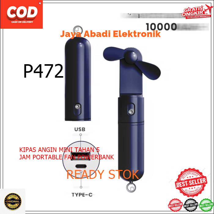 P472 COD ORI KIPAS ANGIN MINI TAHAN 5 JAM PORTABLE FAN POWERBANK 10000MAH INPUT USB TIPE