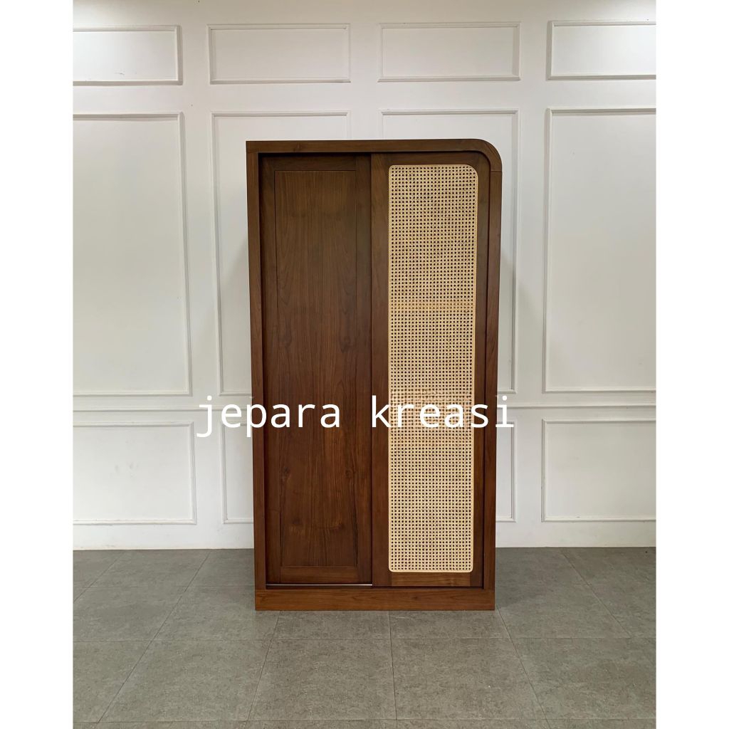 Lemari Pakaian 2 pintu rotan kayu jati minimalis, lemari pakaian 2 pintu minimalis rotan kayu jati