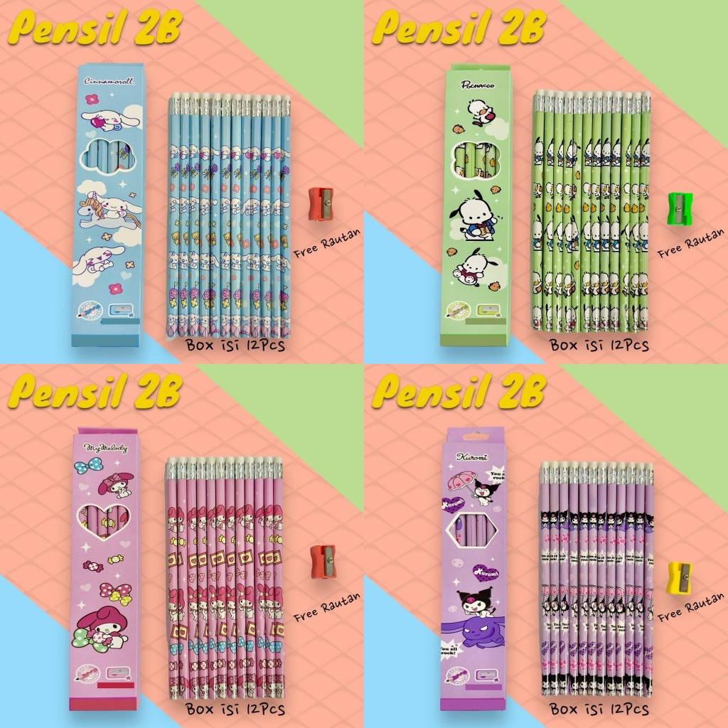 

BISA PENGIRIMAN INSTAN Pensil sanrio isi 12 Pcs Free Rautan Lucu Gambar Karakter Boneka kartun lucu Box isi 12Pcs