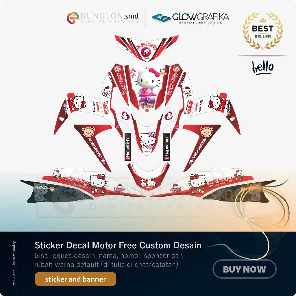 DECAL STIKER MOTOR CUSTOM YAMAHA MIO SOUL GT EDISI HELLO KITTY MERAH PUTIH