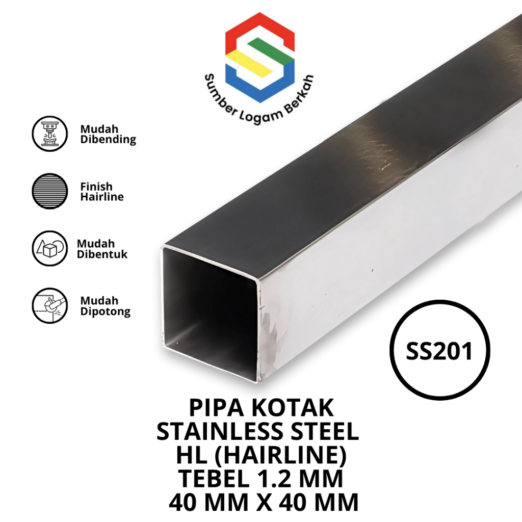 Hollow 40 x 40 x tebel 1.2 mm stainless hairline 201