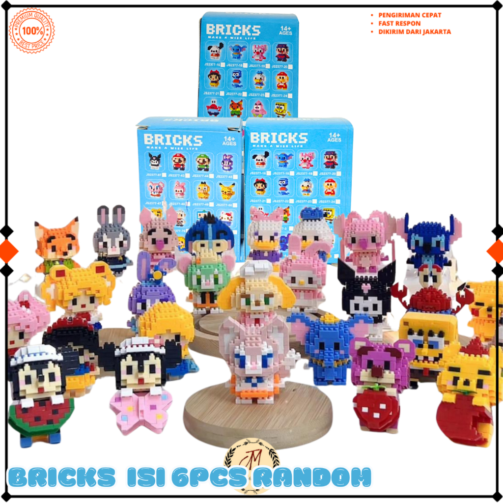 JAKMUR Isi 6Pcs DIY Nano Block Karakter Kartun Bricks Mainan Puzzle Edukasi Anak