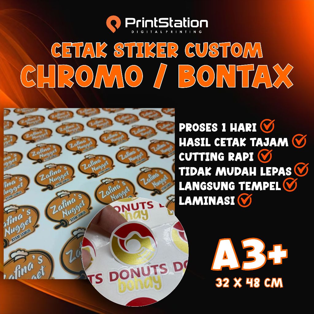

STICKER STIKER SETIKER PRINT LABEL PRODUK BONTAK / CHROMO UKURAN A3 CUSTOM