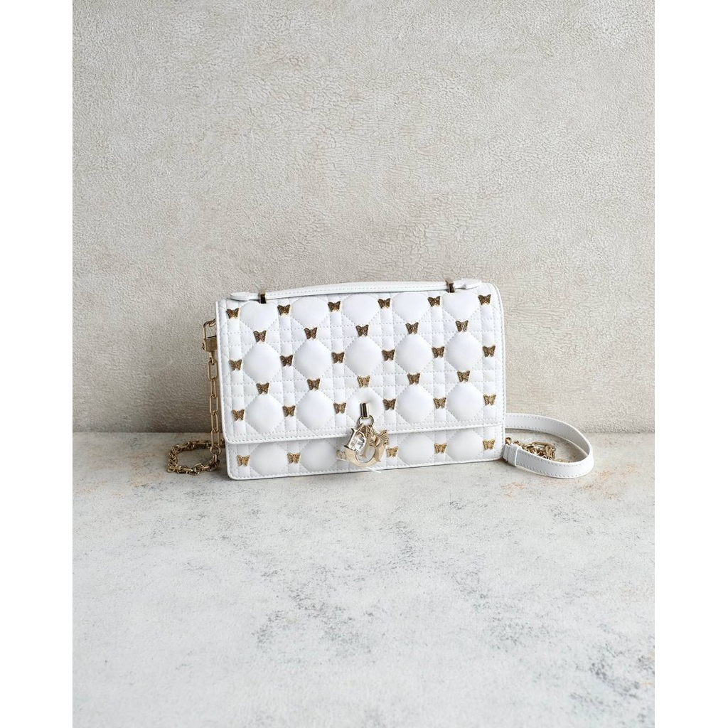 READY RARE PIECE  Christian Dior My Dior Top Handle Bag in White Cannage with Gold- Finish Butterfly