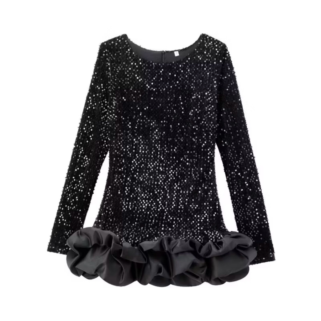 Black Sequin Mini Balloon Dress