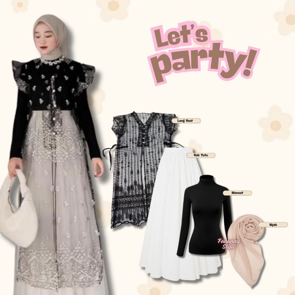 Oneset Outfit Kondangan Long vest (Hijab, Kaos, Outer, Rok Tutu) Set Kekinian Remaja