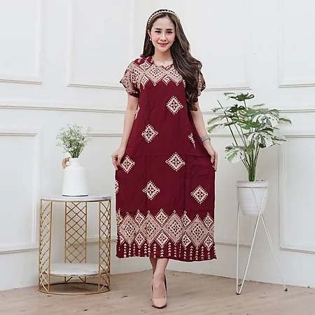 Gaun Batik Wanita Lengan Pendek Bahan Rayon Resleting Depan Masa Kini