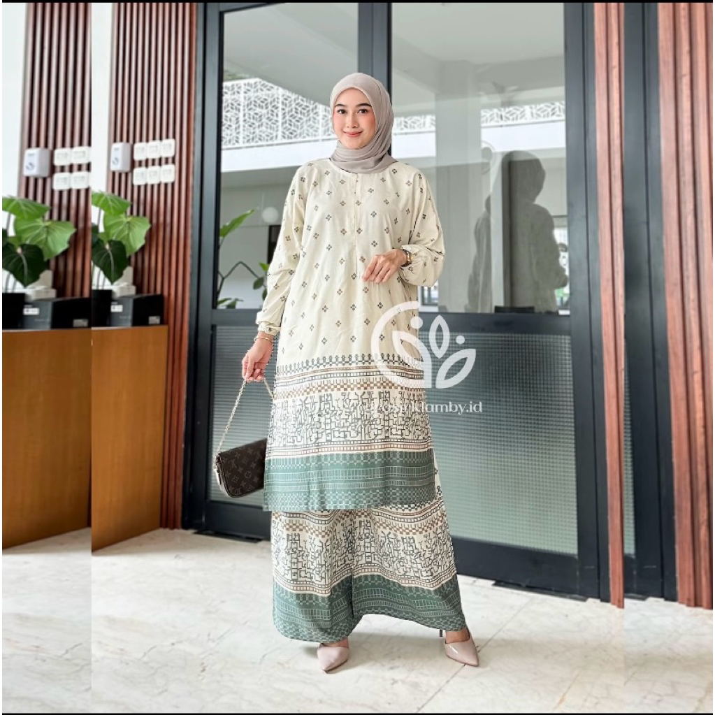 One Set Tunik Velocity Rayon  Batik Premium Jumbo Rempel Busui Adem Nyaman Atasan Bawahan Wanita Cel