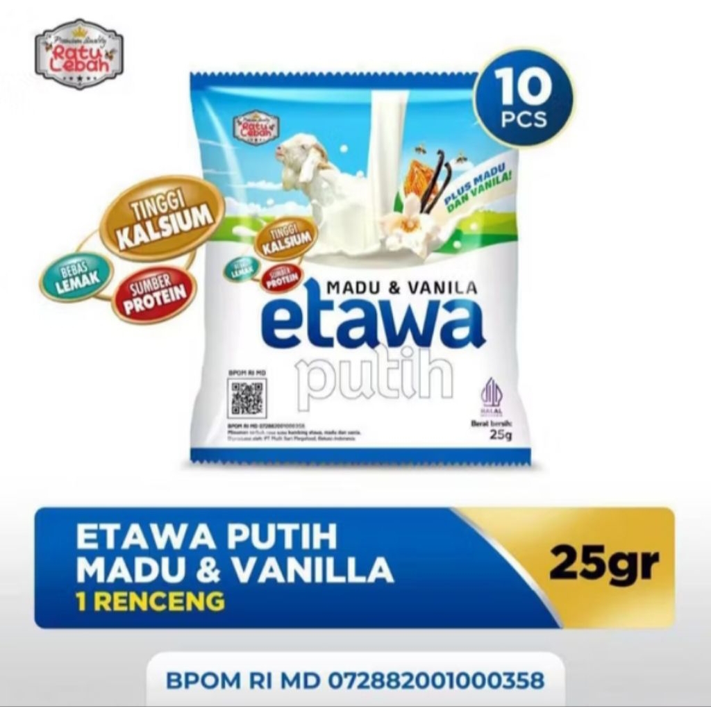 

Ratu lebah etawa putih madu dan vanilla 1 box isi 10 Sachet Susu kambing etawa putih