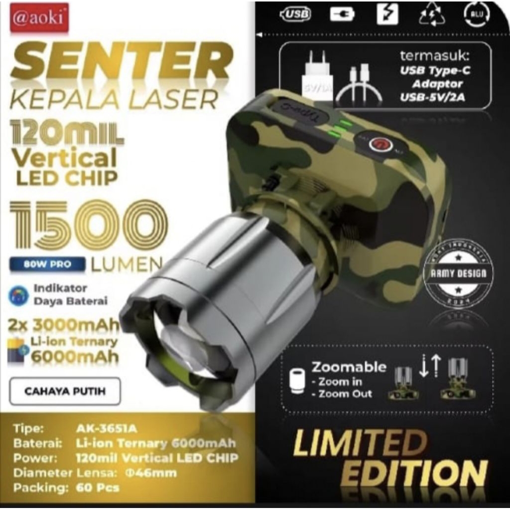 AOKI SENTER KEPALA LED ZOOM  60WAT AK-3685A/AK-3676A 1000LUMEN PRO FREE CHAGGER AK-3651A ARMY 80WAT