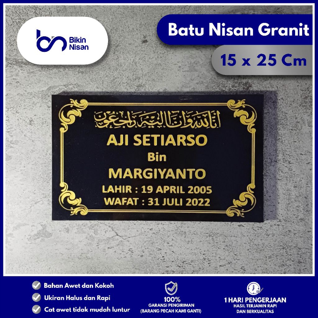 Batu Nisan Granit Ukir|Ukuran 15x25|Batu nisan Kuburan Murah dan Berkualitas|Lempengan Batu Nisan|Pa