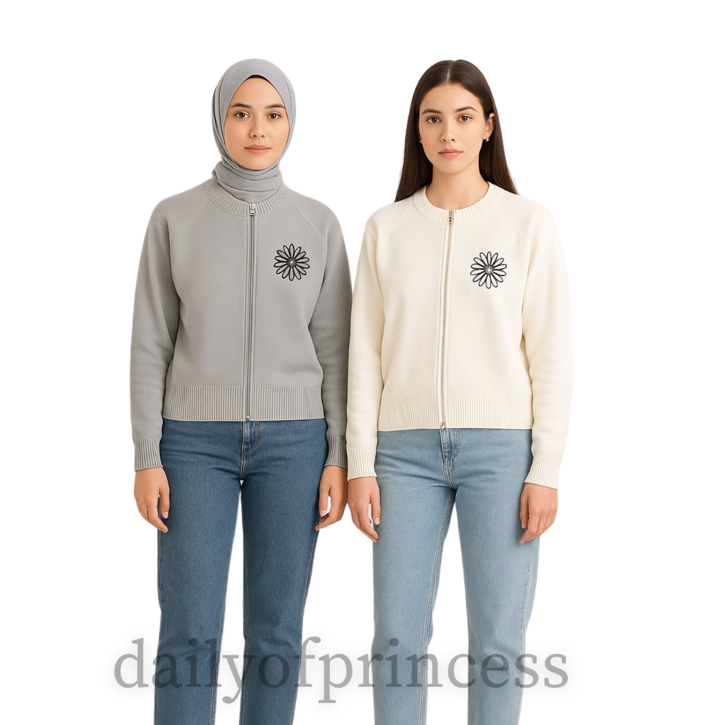 Dailyofprincess Flowa Jaket Rajut Wanita Resleting Aktif Rajut Bordir
