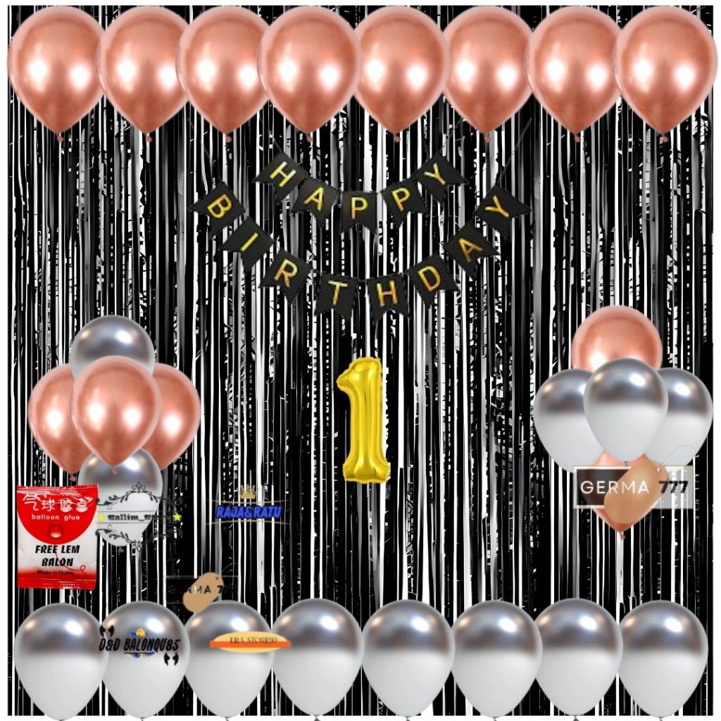 Set Dekorasi Pesta Ulang Tahun Anak Banner Happy Birthday Balon Rosegold Silver Tirai Dinding Ultah
