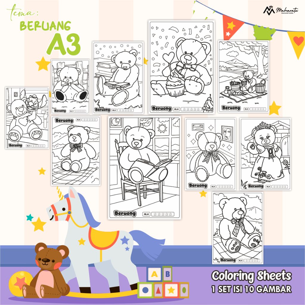 

[BERUANG] KERTAS MEWARNAI ANAK UKURAN A3 - LEMBAR GAMBAR 1 SET 10 LEMBAR - COLORING SHEETS
