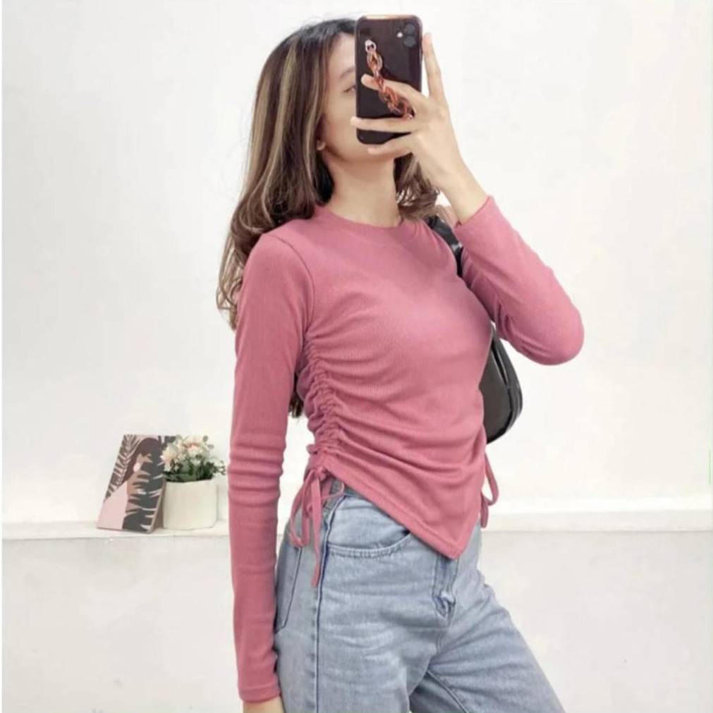 Knit Top Blouse serut samping Crop tali Korea style Tersedia JUMBO