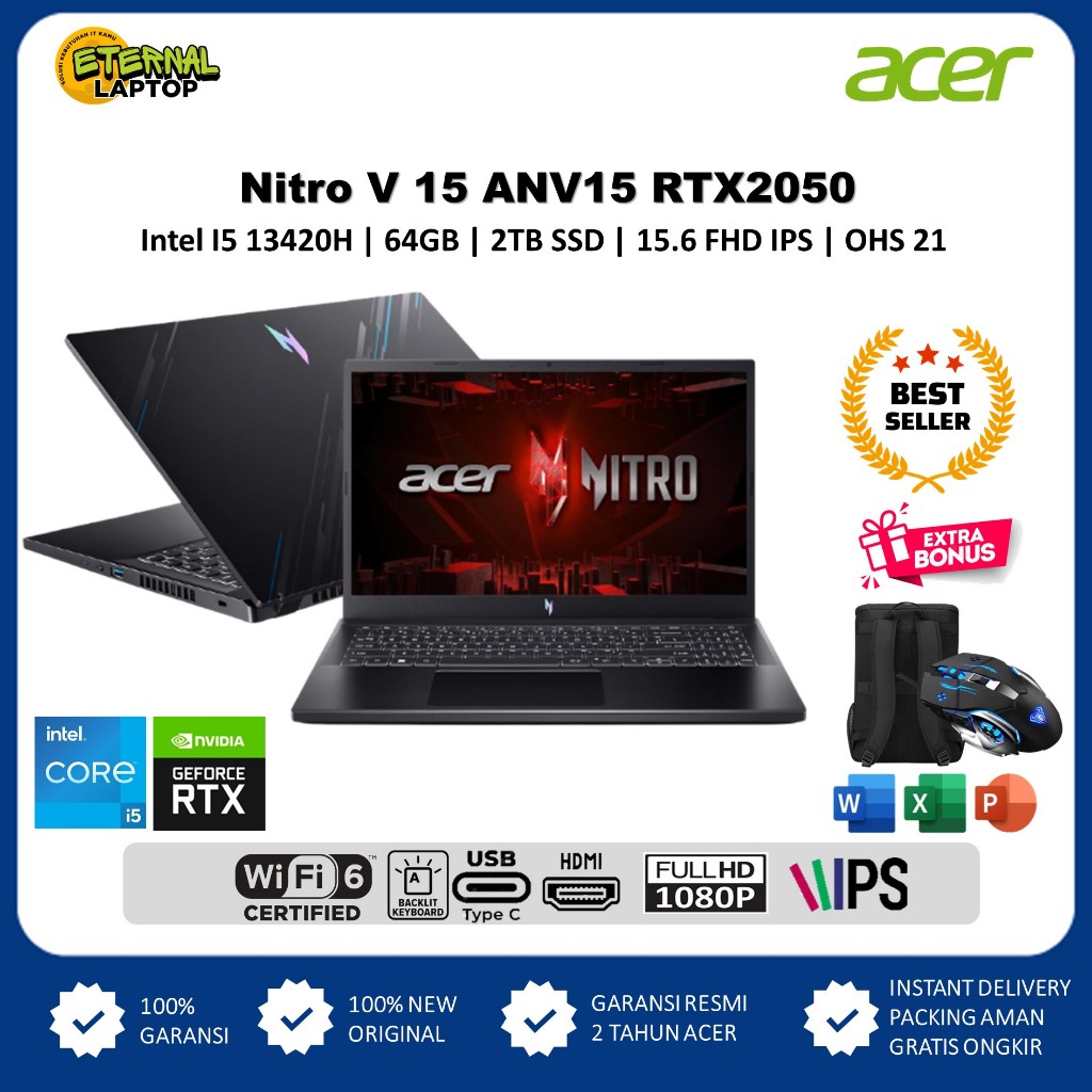 Laptop Gaming Acer Nitro 5 AN515 i5 13420H RTX2050-4GB Ram 64gb DDR5 1TB SSD FHD Original