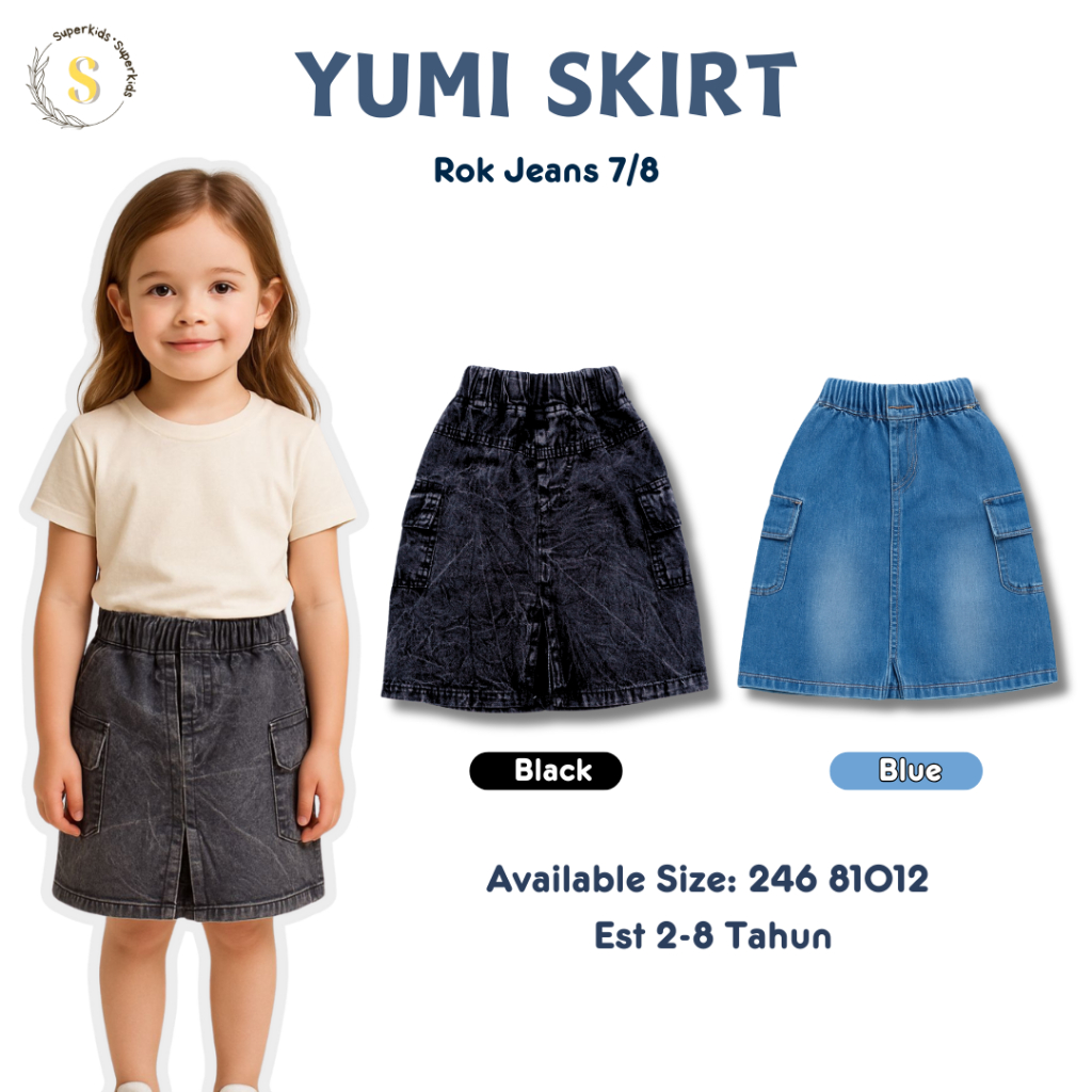 YUMI SKIRT Rok Jeans Anak 2-8 Tahun Rok Pendek Anak Perempuan Bawahan Anak Perempuan Rok Jeans Cargo