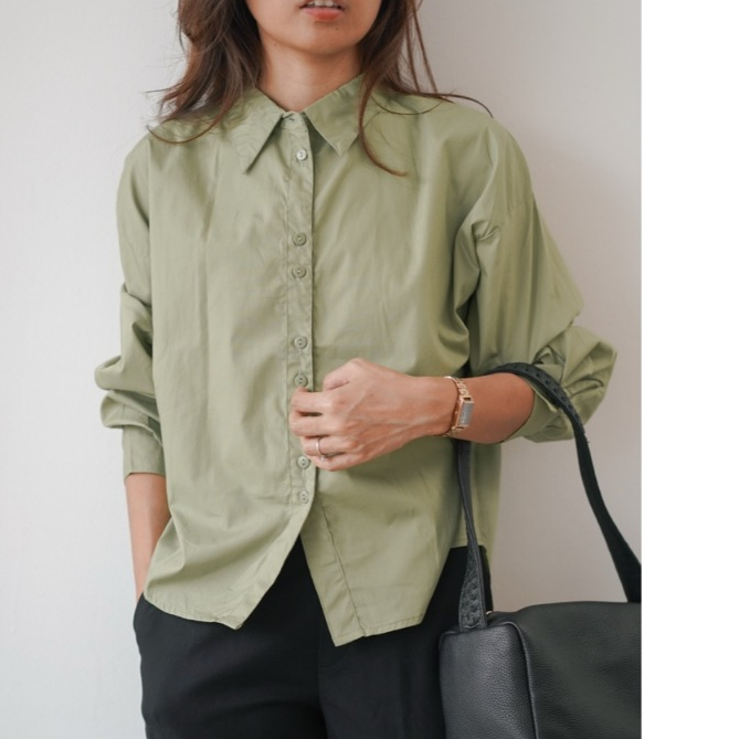 Kemeja wanita lengan panjang berkera / kantor hijab casual style / premiun katun poplin 40085