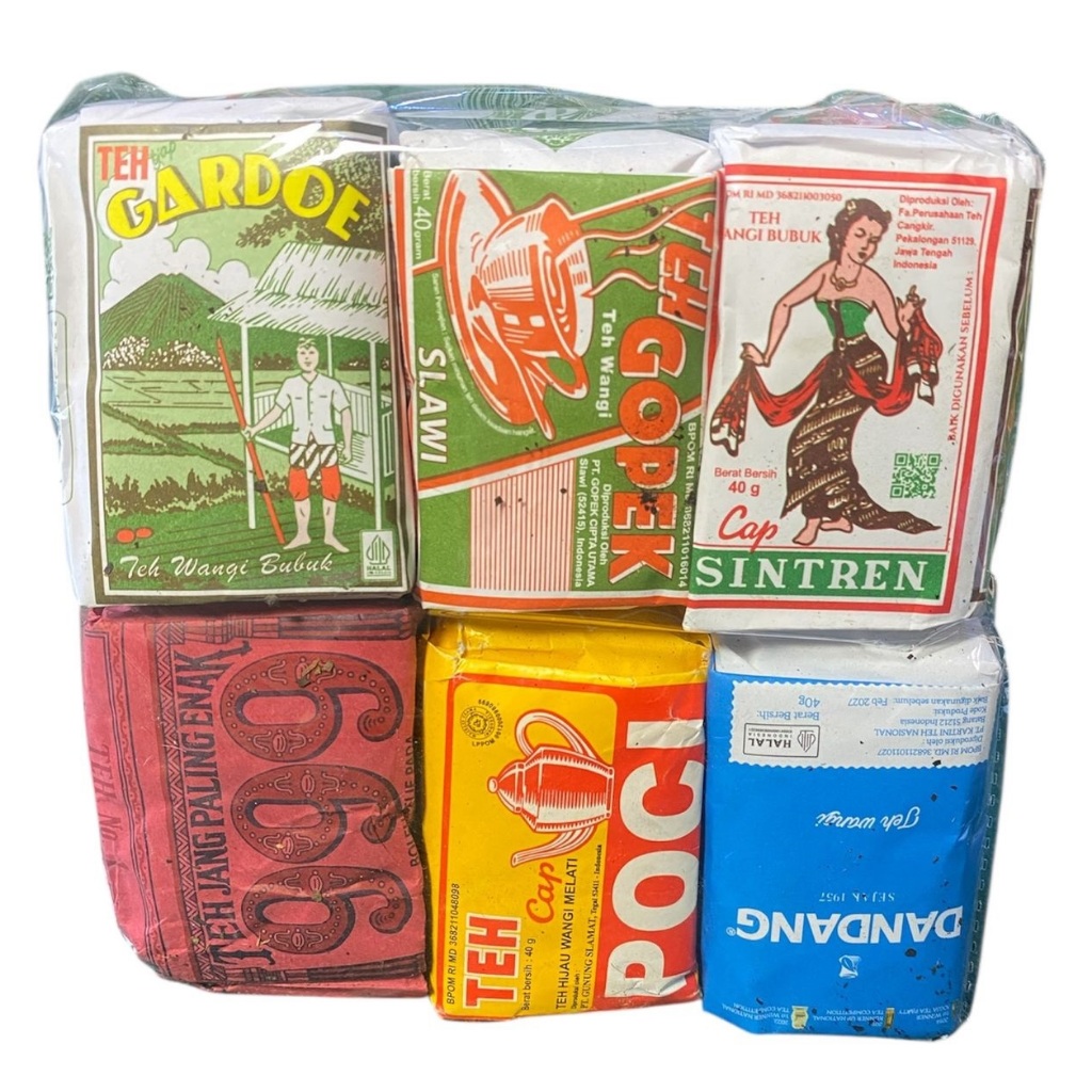 

PAKET 6 X 40GR NEW!! TEH KOMBINASI ENAK SINTREN, GOPEK, GARDOE HIJAU, 999, DANDANG BIRU, POCI KUNING