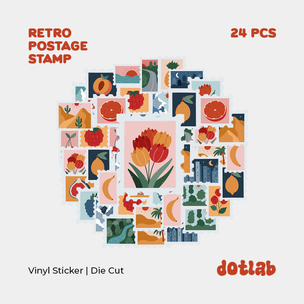 

DOTLAB STICKER PACK RETRO POSTAGE STAMP (24 PCS) | Sticker Tumbler | Stiker Laptop Koper Helm