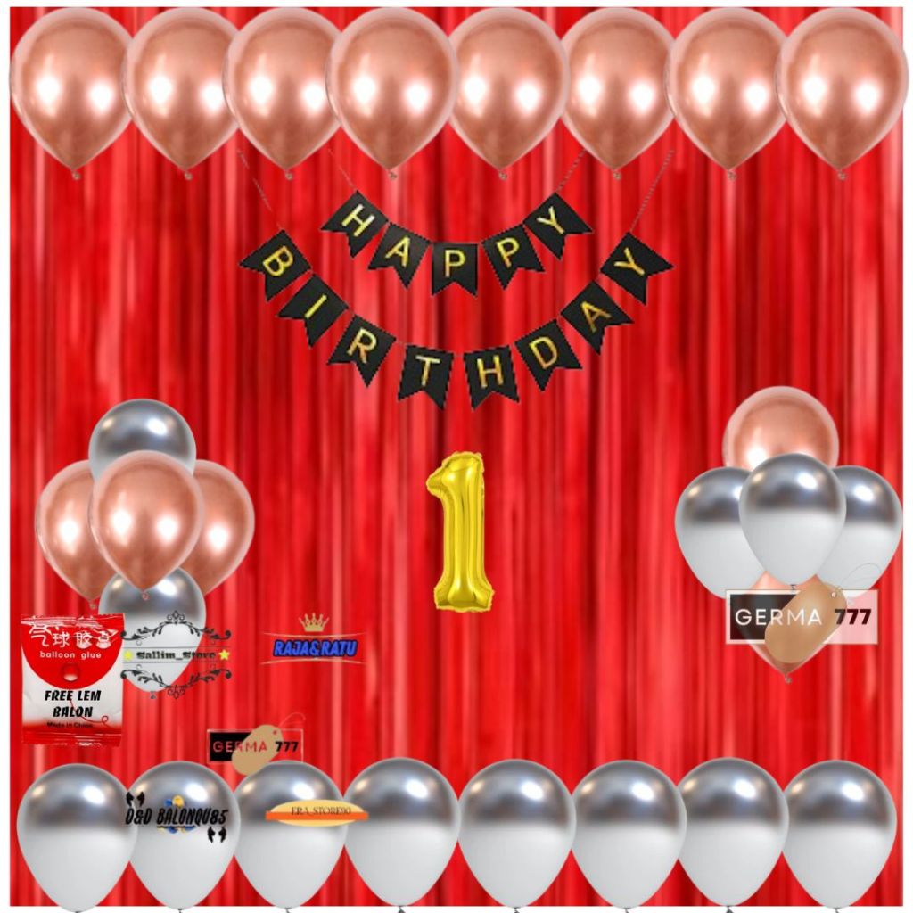 Set Dekorasi Pesta Ulang Tahun Anak Banner Happy Birthday Balon Rosegold Silver Tirai Dinding Ultah