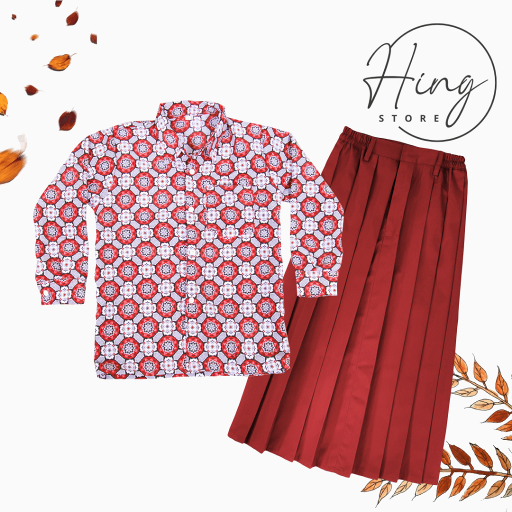 Fashion Seragam Anak Sekolah SD Setelan Batik Bunga Matahari Merah Wanita