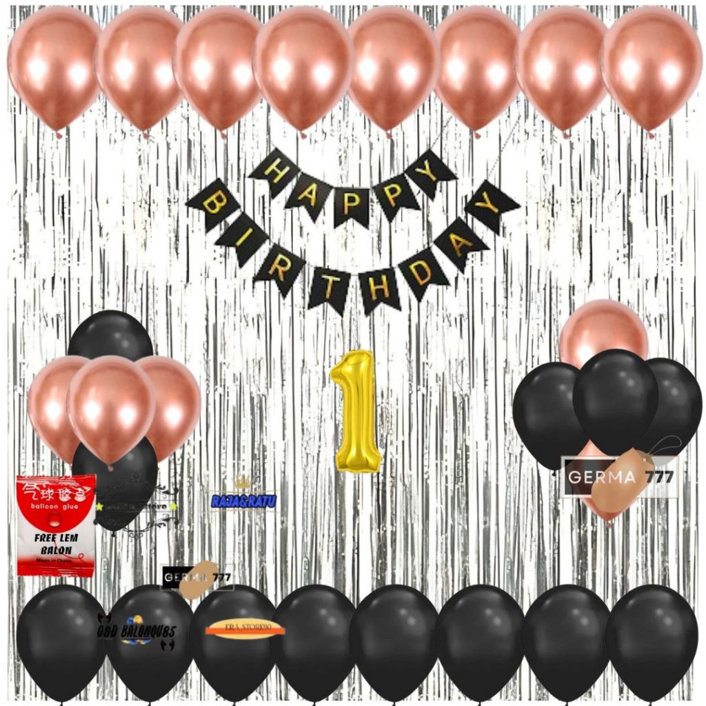 Paket Set Dekorasi Pesta Ulang Tahun Balon Banner Happy Birthday Anak Tirai Gold Silver Ultah Hbd