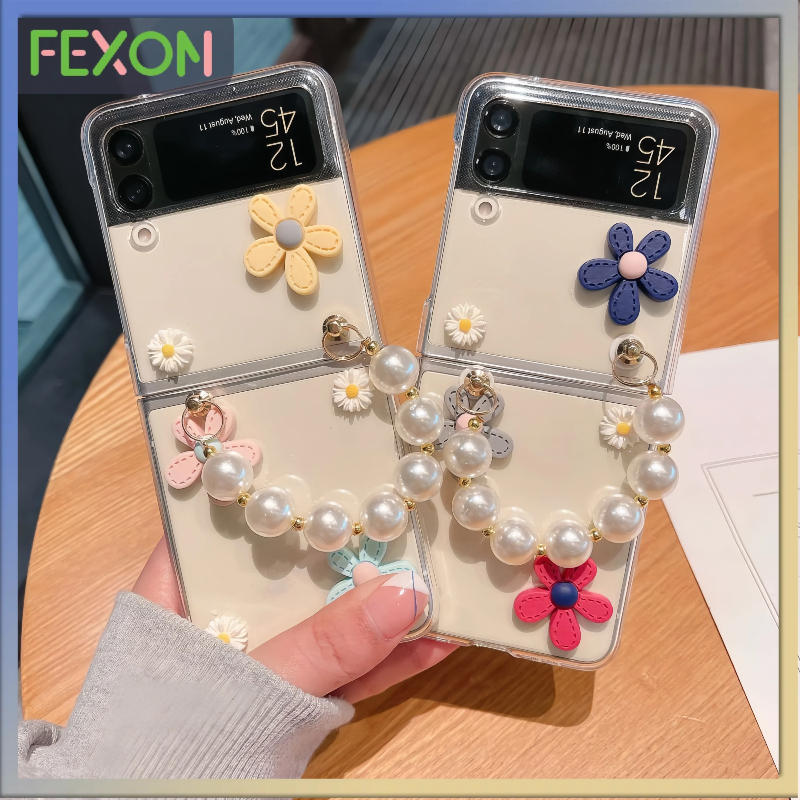[COD] FEXON Casing Lipat Samsung Z Flip5 Z Flip4 Z Flip3 Bunga Rantai Mutiara Softcase